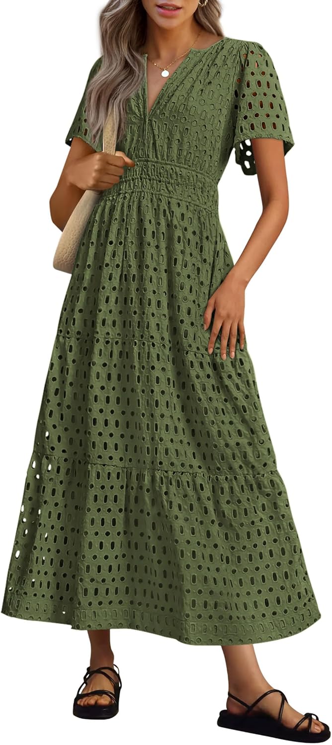 NEW 🔥Womens 2025 Summer Maxi Dress Short Sleeve V Neck Hollow Out Eyelet A Line Dresses