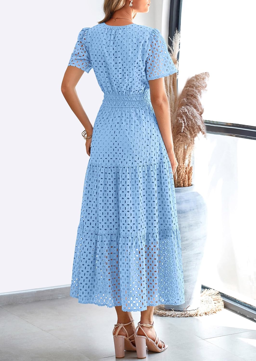 NEW 🔥Womens 2025 Summer Maxi Dress Short Sleeve V Neck Hollow Out Eyelet A Line Dresses
