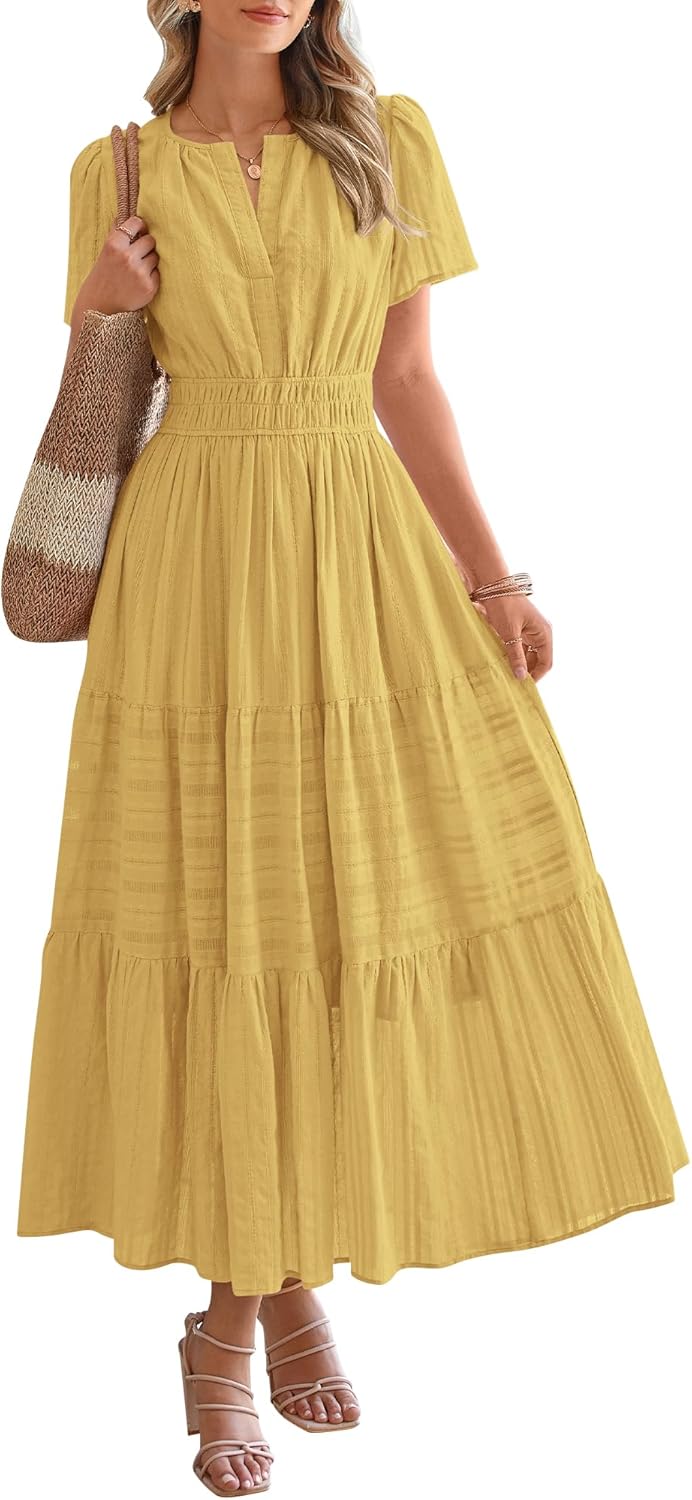 HOT SALE Womens Summer Lightweight Short Sleeve V Casual Midi Maxi Dresses