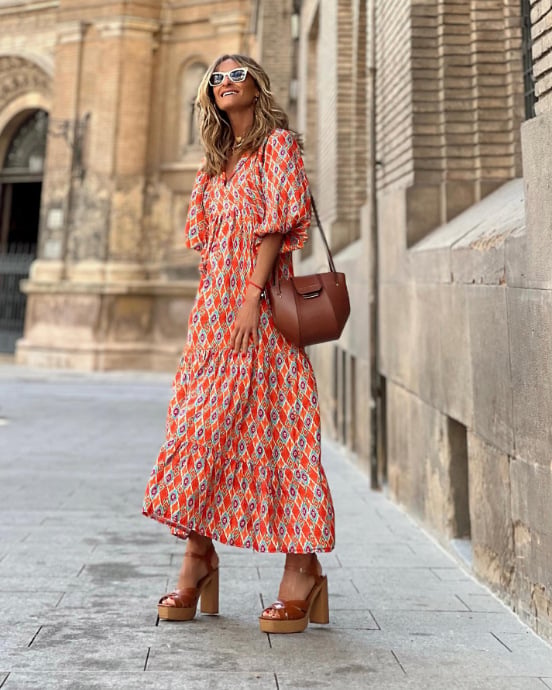 Puffy Sleeve Floral Pattern Elegant Boho Dress