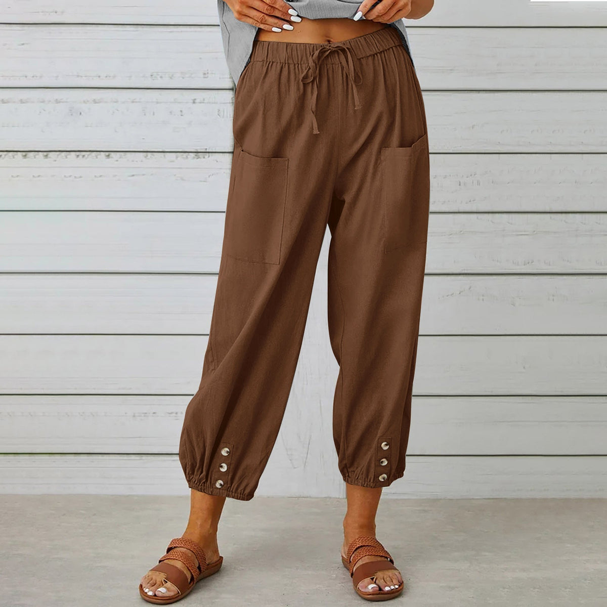 Women's pants High-waisted buttoned cotton hemp pants nine-point pants wide-legged