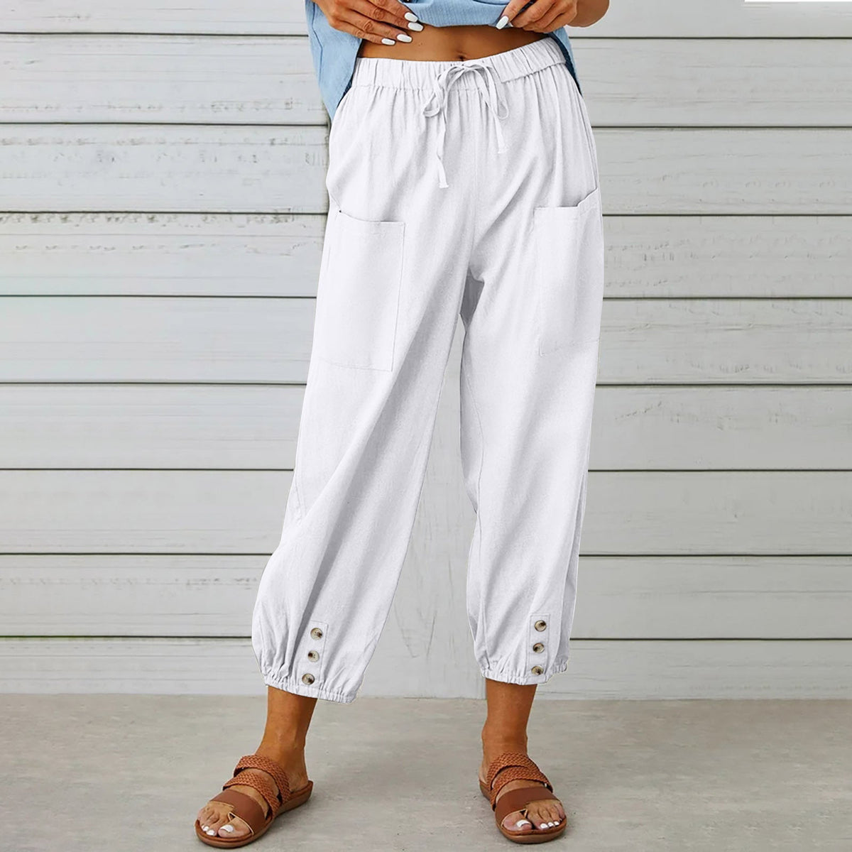Women's pants High-waisted buttoned cotton hemp pants nine-point pants wide-legged