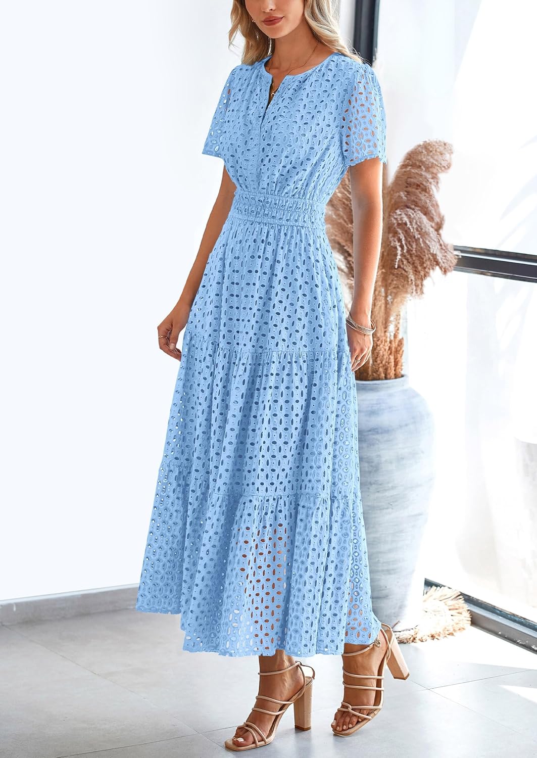 NEW 🔥Womens 2025 Summer Maxi Dress Short Sleeve V Neck Hollow Out Eyelet A Line Dresses