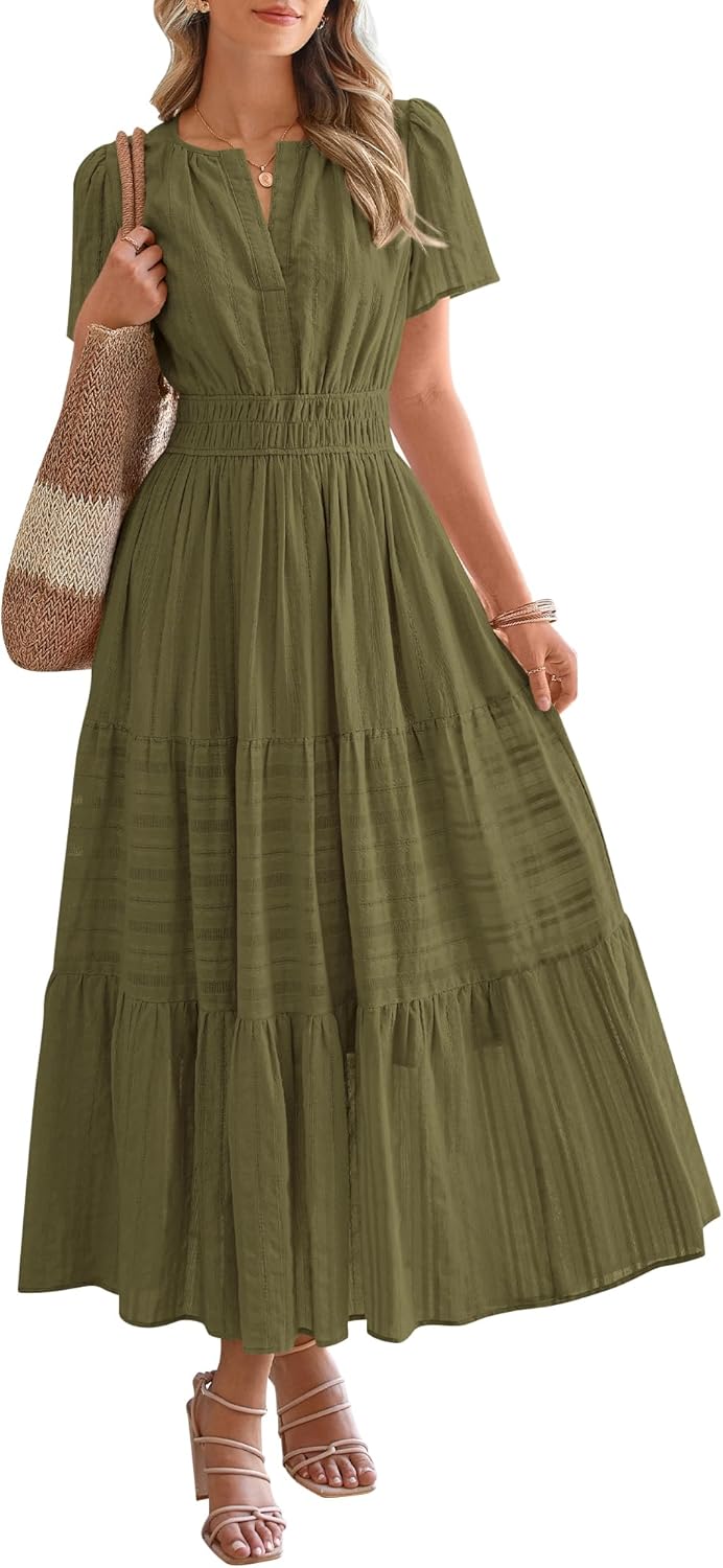 HOT SALE Womens Summer Lightweight Short Sleeve V Casual Midi Maxi Dresses