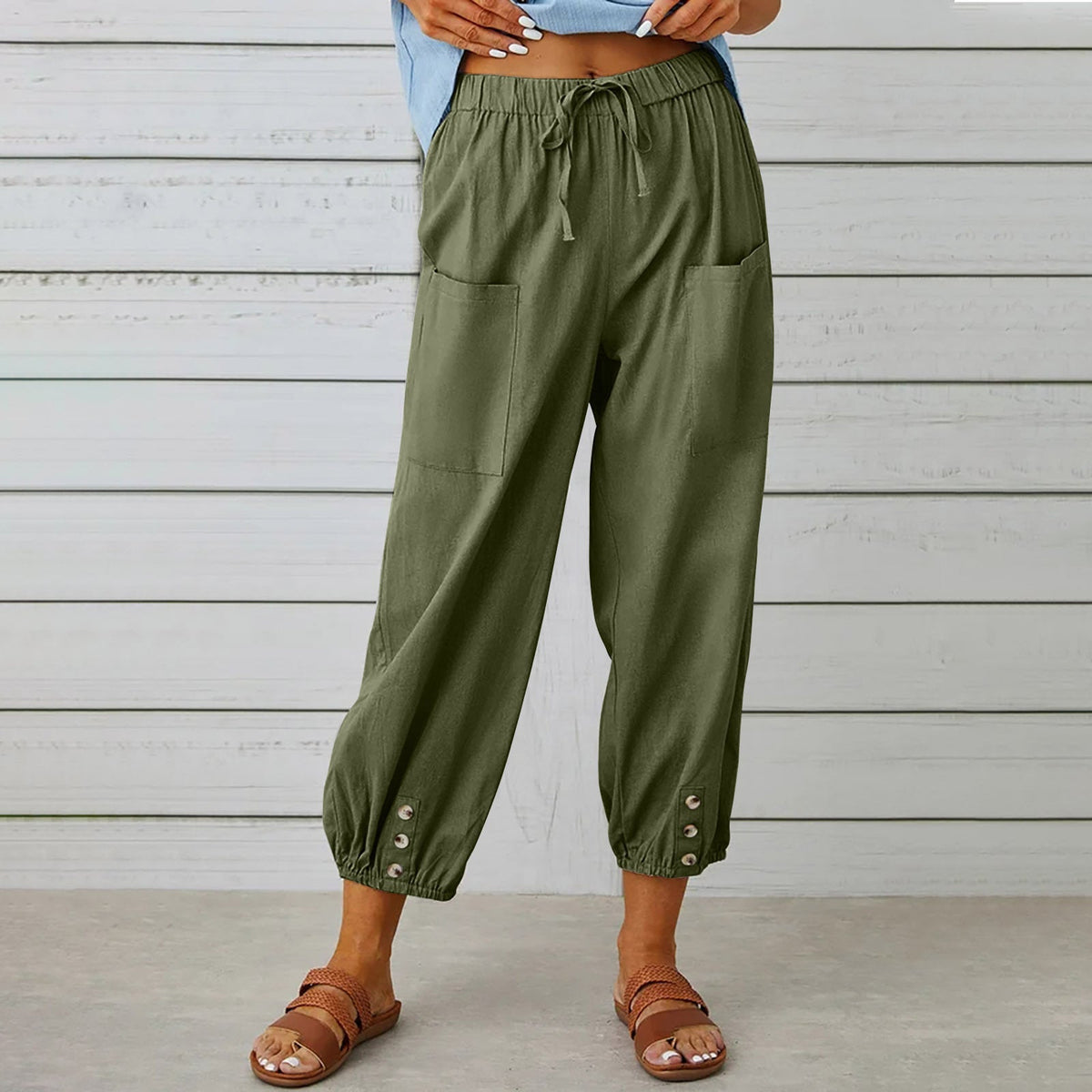 Women's pants High-waisted buttoned cotton hemp pants nine-point pants wide-legged