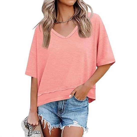 Women's V-neck Mid-length Sleeve Spliced Hem Basic Top