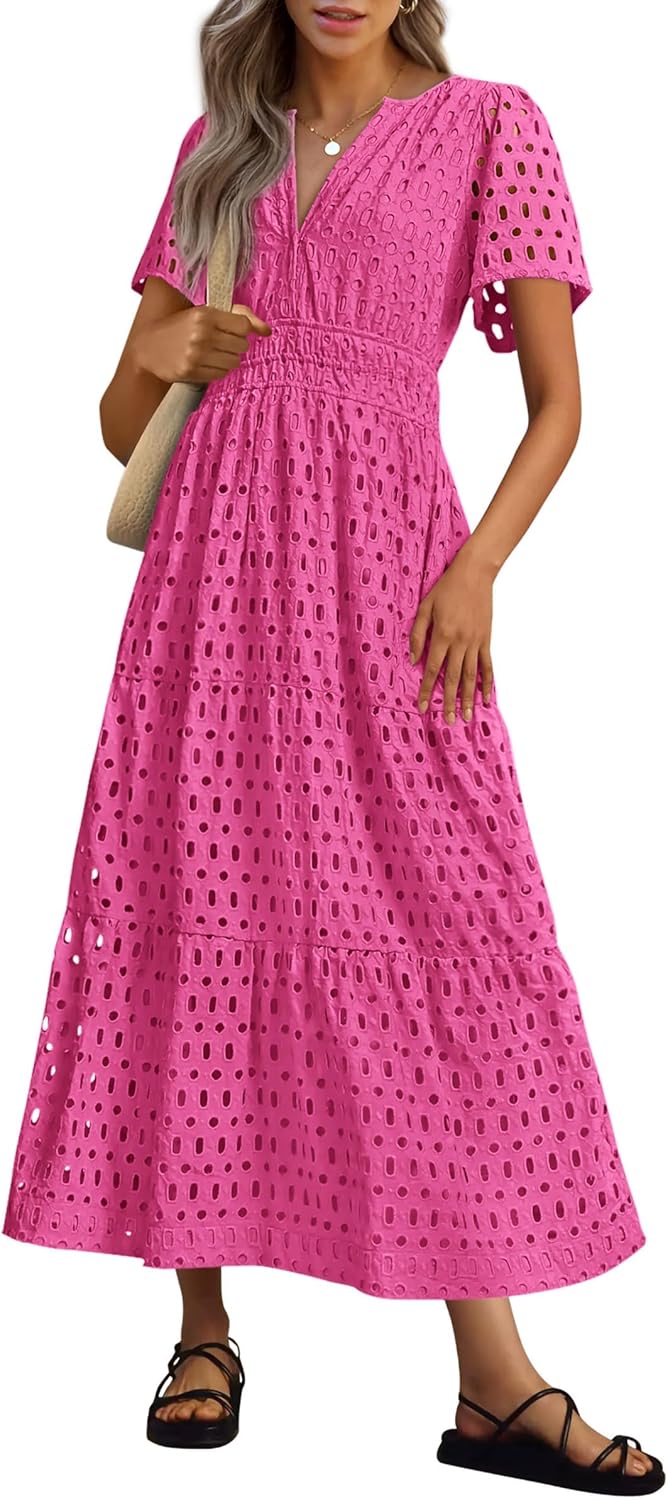 NEW 🔥Womens 2025 Summer Maxi Dress Short Sleeve V Neck Hollow Out Eyelet A Line Dresses